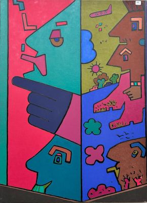 painting of a man and a woman standing in front of a colorful mural