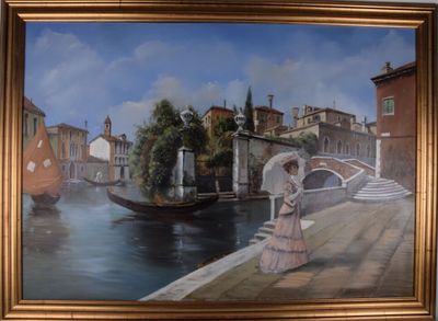 un tableau représentant une femme avec un parapluie au bord de l'eau