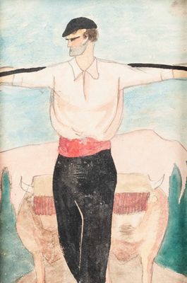 a painting of a man standing on a boat with a goat
