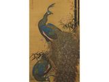 an oriental painting of two peacocks sitting on a tree branch