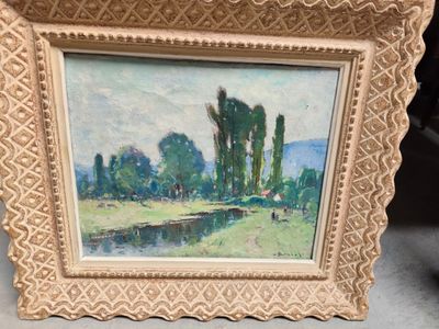 painting of a landscape with trees and a river in a gold frame