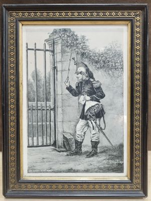 a framed picture of a man in uniform holding a sword