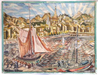 a painting on the wall of a harbor with boats in the water