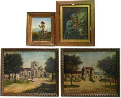 three paintings of a man playing a guitar and a woman playing a guitar