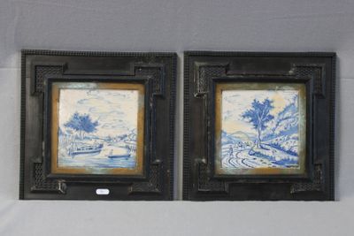 pair of blue and white delft tile paintings of a river scene
