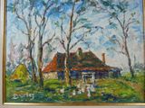une peinture à l'huile représentant une maison dans un champ, avec des arbres au premier plan
