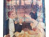 a tin tray with a picture of a man and a woman having a meal