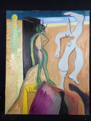 un tableau représentant un homme et une femme dans une pièce