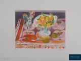 a picture of a painting of fruit and flowers on a table