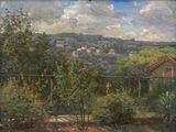 a painting of a view of a town from a hill
