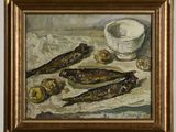 a painting of fish on a table with a bowl in the background