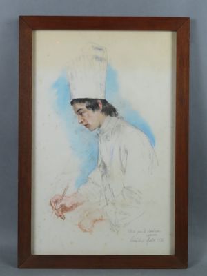 an image of a painting of a man in a chef ' s hat