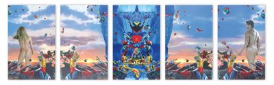 four panels of a painting of people flying kites in the sky