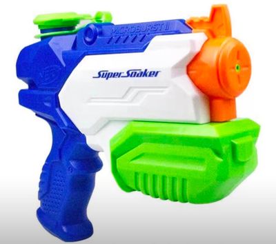 a close up of a toy water gun with a green and orange handle