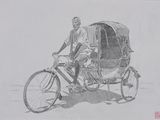 drawing of a man riding a bike with a rickshaw attached to the back