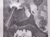 a black and white drawing of a dragon flying over a mountain