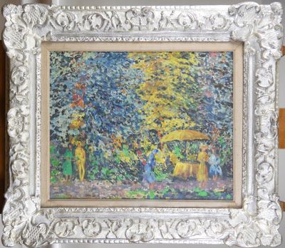 an image of a painting of people under a tree in a park