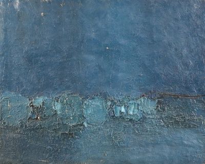 une peinture à l'huile représentant un mur bleu dont la peinture s'écaille