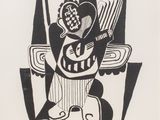 an image of a black and white drawing of a man with a guitar