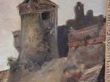 painting of a group of people standing in front of a castle