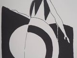 drawing of a woman standing on top of a black and white piece of art