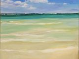 a painting of a beach scene with a blue sky and white clouds