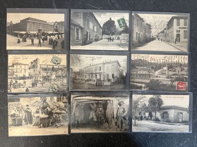 several old black and white photographs of people and horses in a town