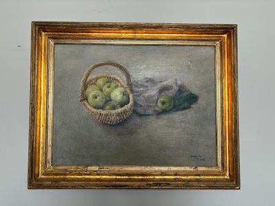 a painting of a basket of apples on a table