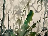 a watercolor painting of a tropical scene with palm trees