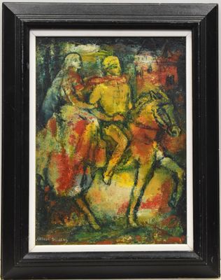 une peinture à l'huile représentant un homme à cheval, dans un cadre noir