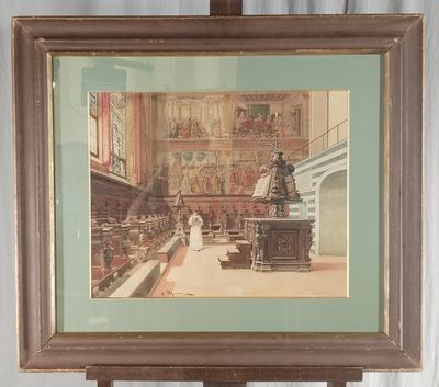 tableau encadré représentant une église avec une femme en robe blanche