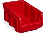 un bac de rangement en plastique rouge muni d'une longue poignée