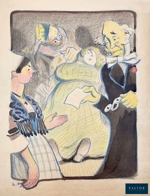 un dessin représentant un groupe de personnes dans une pièce