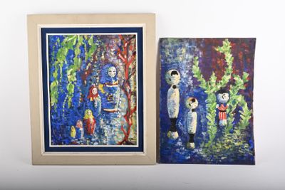 painting of a couple of people standing in a forest next to a painting of a man and a woman