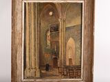painting of a church interior with a man in a chair in the foreground