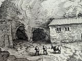 a black and white drawing of a farm with horses