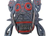un masque bleu et rouge avec des yeux rouges sur fond blanc