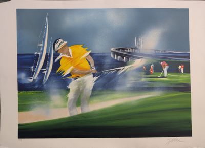 tableau représentant un homme en train de frapper une balle de golf sur un parcours de golf