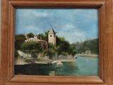 une peinture à l'huile représentant une église située sur une colline surplombant une rivière
