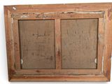 an old wooden frame with a drawing of a man and a woman on it