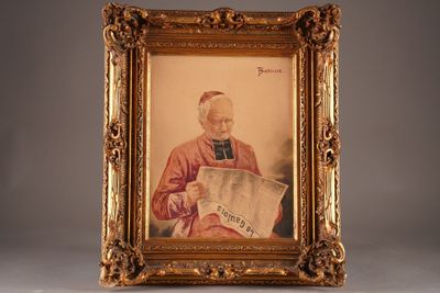 an old picture of a man reading a newspaper in a gold frame