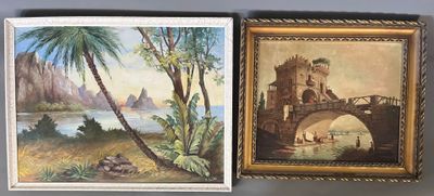 deux tableaux encadrés représentant un château et un pont avec des palmiers