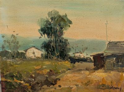 une peinture à l'huile représentant une scène de campagne avec un chemin de terre