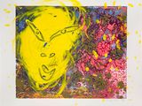 painting of a woman ' s face with yellow paint on a white background