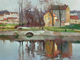painting of a painting of a house and a bridge over a body of water