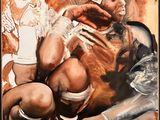 painting of a man sitting on the ground with a knife in his hand