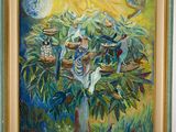 a painting of birds in a tree with a full moon in the background