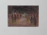une peinture représentant un groupe de personnes marchant dans une rue