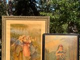 three framed pictures of women in a forest with trees in the background