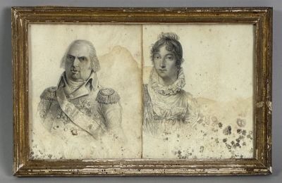 two portraits of a man and a woman are shown in a gold frame